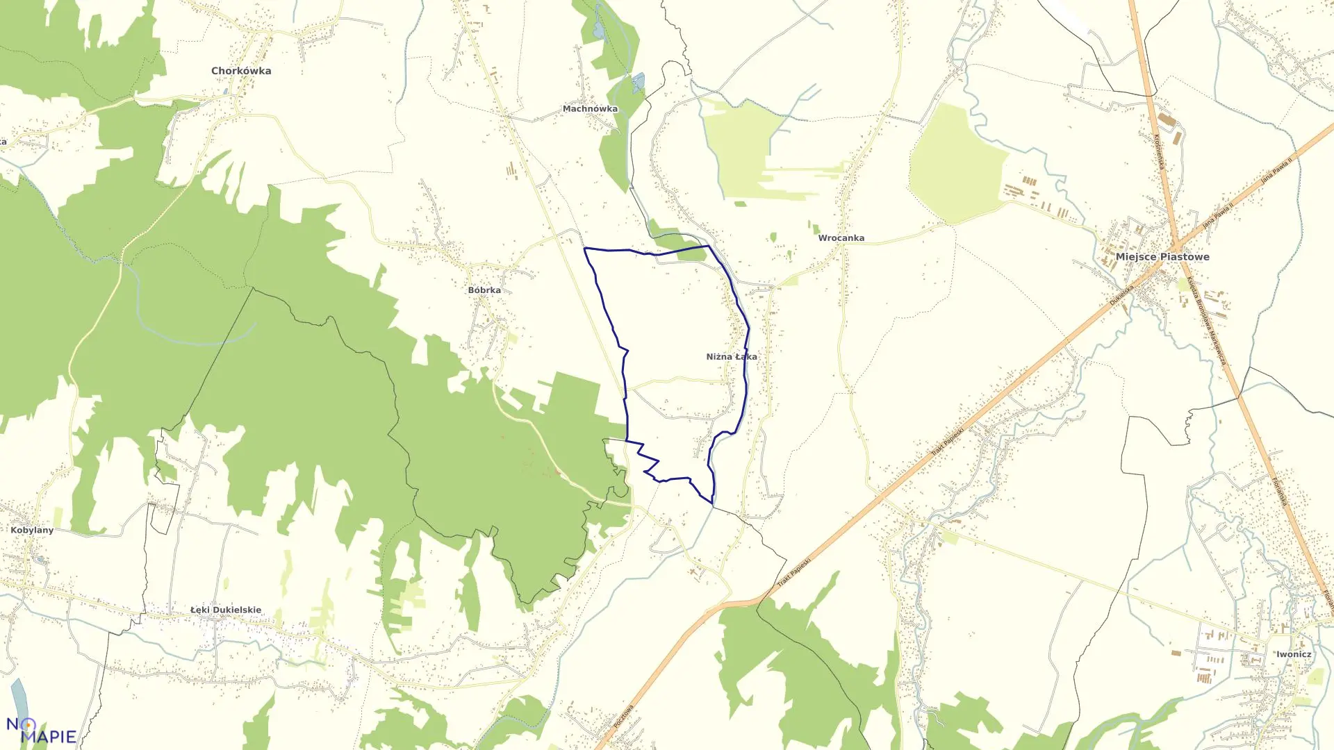 Mapa obrębu Niżna Łąka w gminie Miejsce Piastowe
